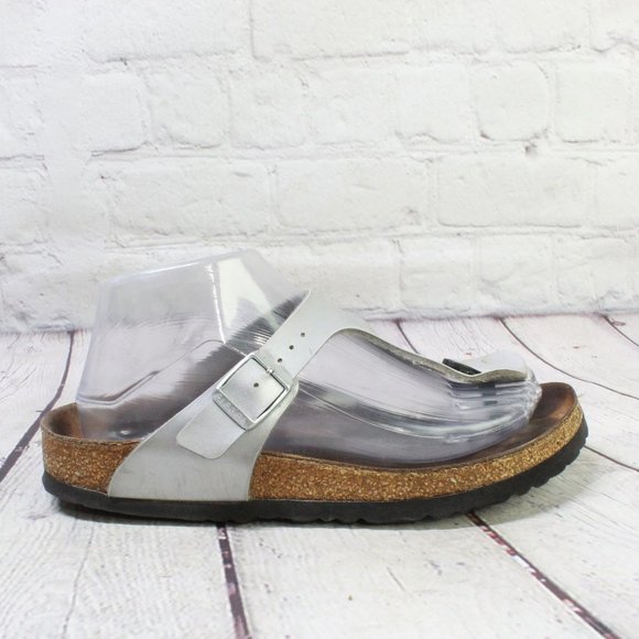 Birkenstock Shoes - Birkenstock Gizeh Unisex Silver Gray Leather Slide Thong Sandals Size M5 W 7